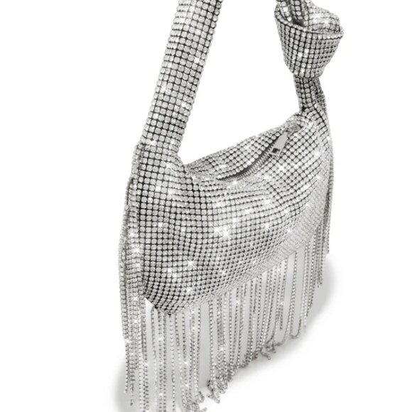 L ARTISTE SILVER RHINSTONE CRYSTAL FRINGED KNOTTED HANDLE HAND BAG - Picture 2 of 9